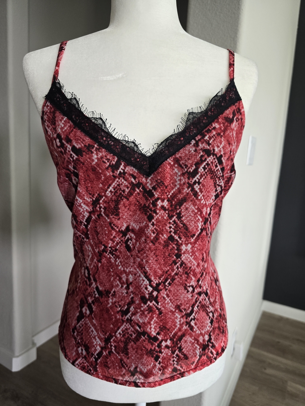 Guess Red Snake-Print Lace Trim Camisole